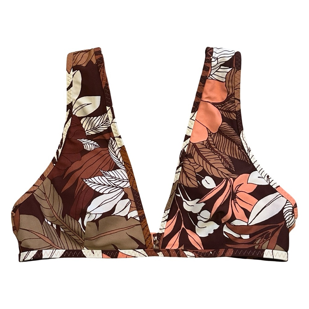 Aerie Floral Scoop Bikini Top Size Small Brown Pink Tropical Swim Top Swimsuit